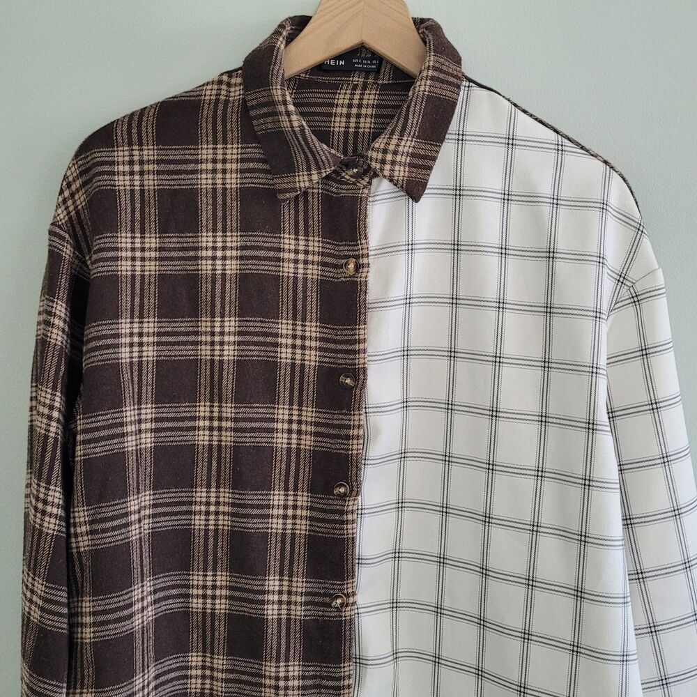 Colorblock Flannel Shirt Womens Size Small Brown Plaid Oversized Fall
